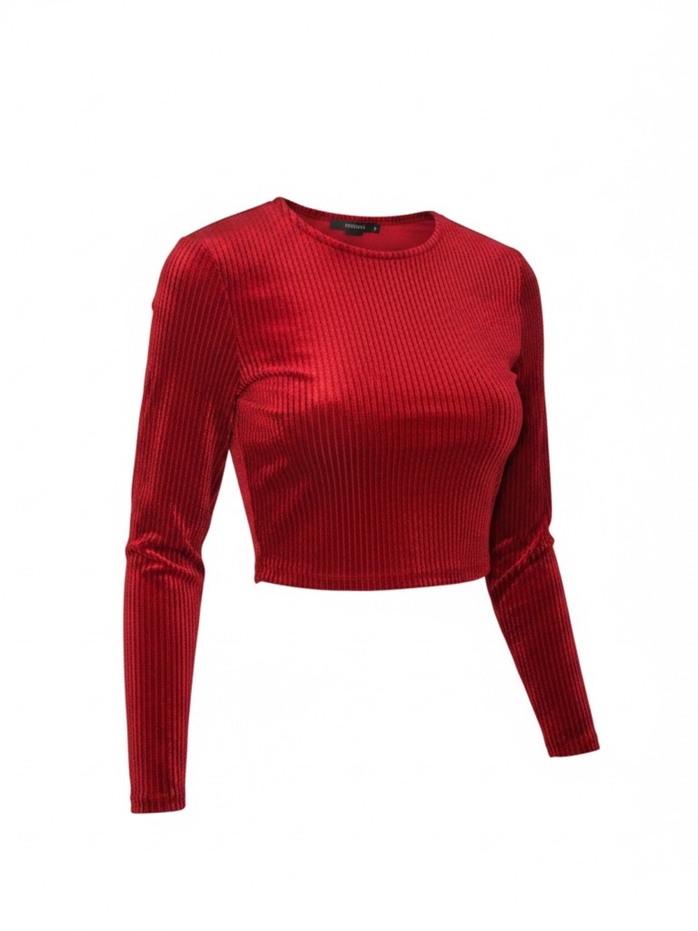 Ribbed Velvet Long-Sleeve Crop Top - Red